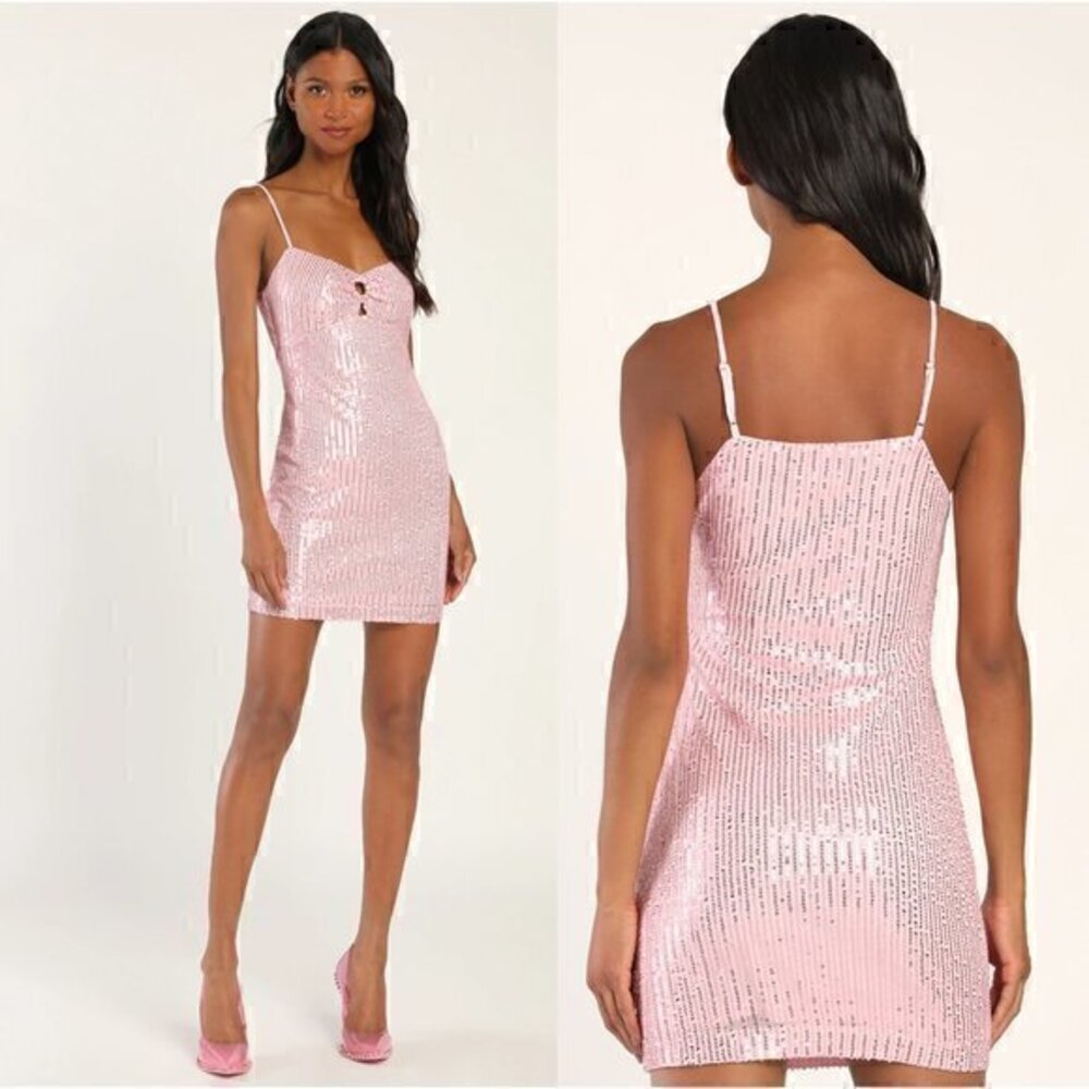 Lulu's Effervescent Aura Pink Sequin Keyhole Bodycon Mini Dress Size L NWT